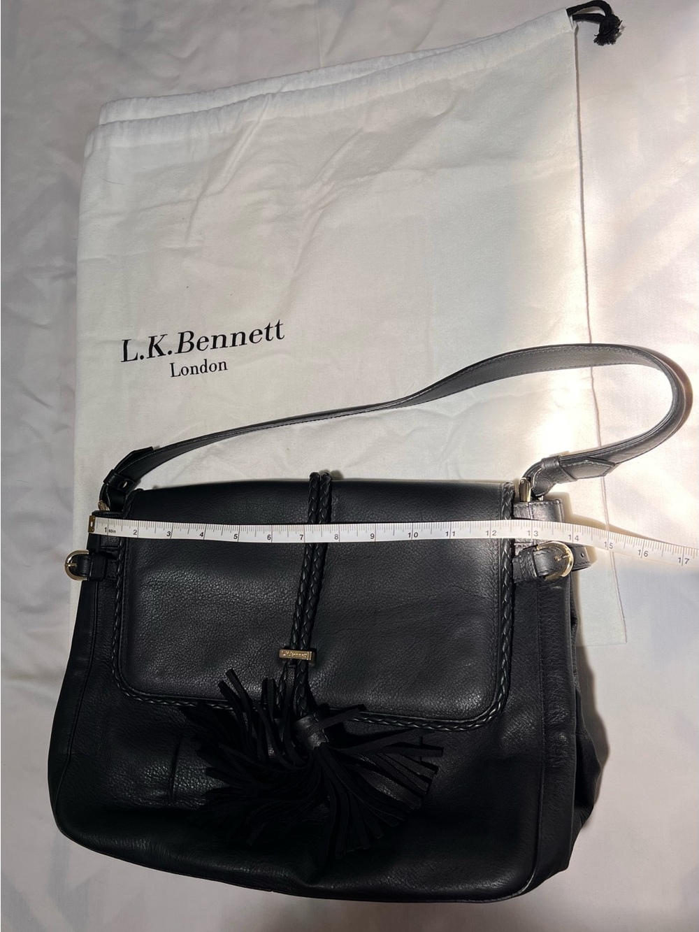 LK Bennett Black Leather Shoulder Bag with Braided Tassel with storage bag - Picture 8 of 15